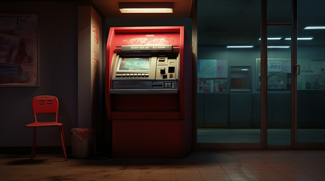 czerwony, słabo oświetlony bankomat