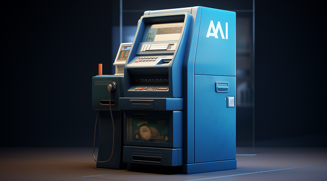 oświetlony niebieski bankomat