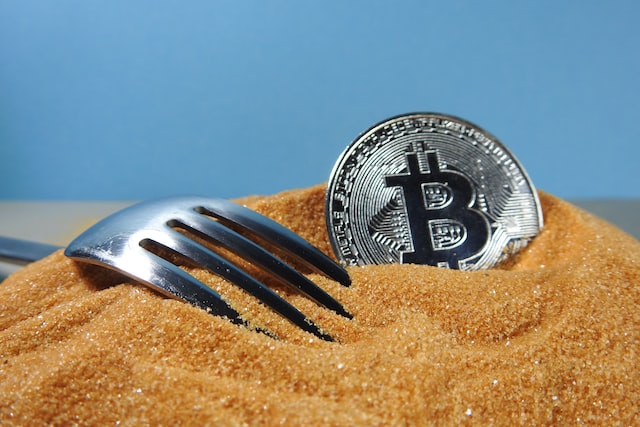 Symbol bitcoina na monecie i fork